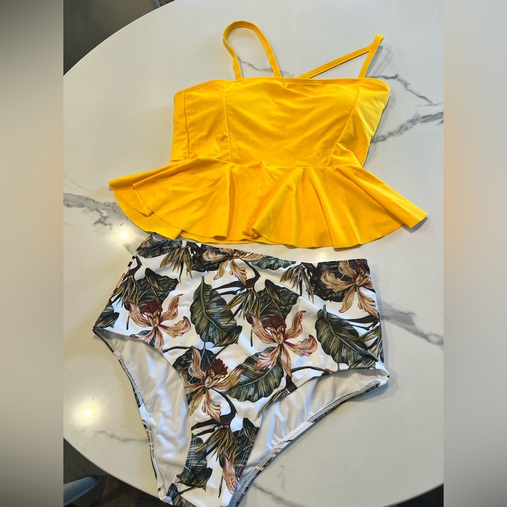 Peplum yellow swim top & bottoms